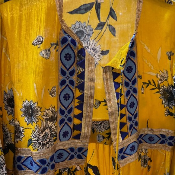 A & B Yellow, blue and gold floral "boho chic" open bell sleeve cardigan - Picture 2 of 9